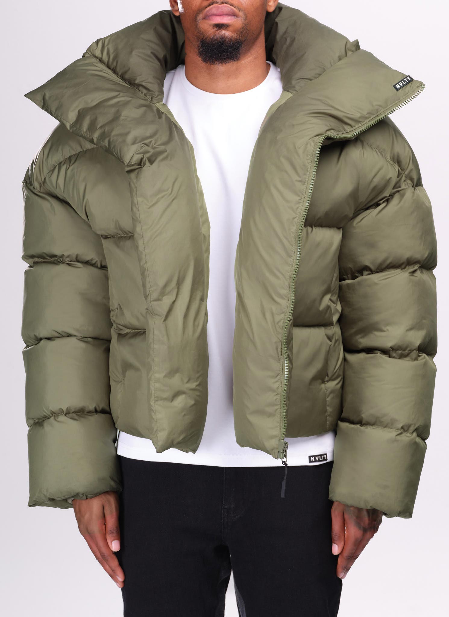 Vintage Shawl Collar Puffer Jacket - Khaki