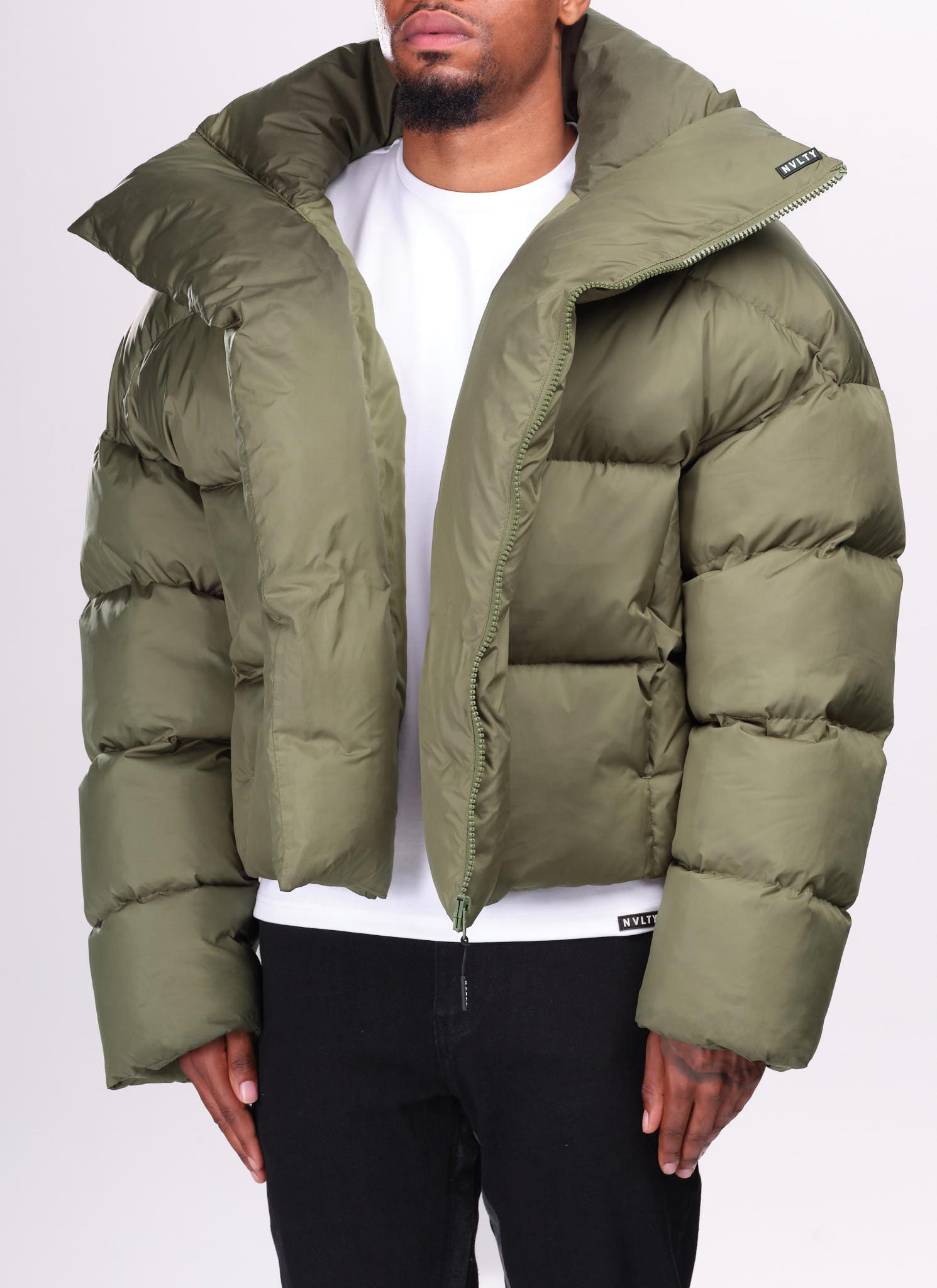 Vintage Shawl Collar Puffer Jacket - Khaki