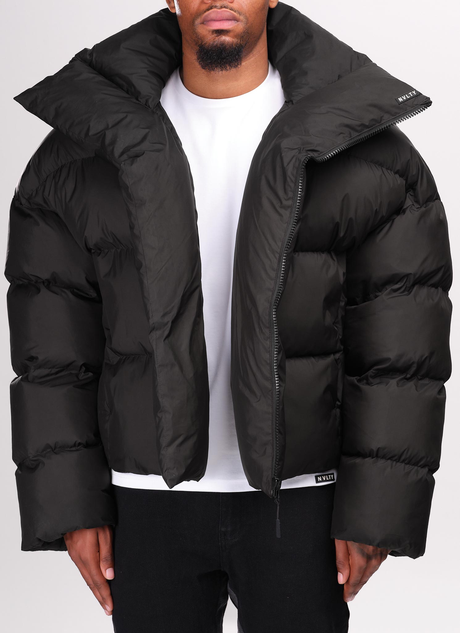Vintage Shawl Collar Puffer Jacket - Black