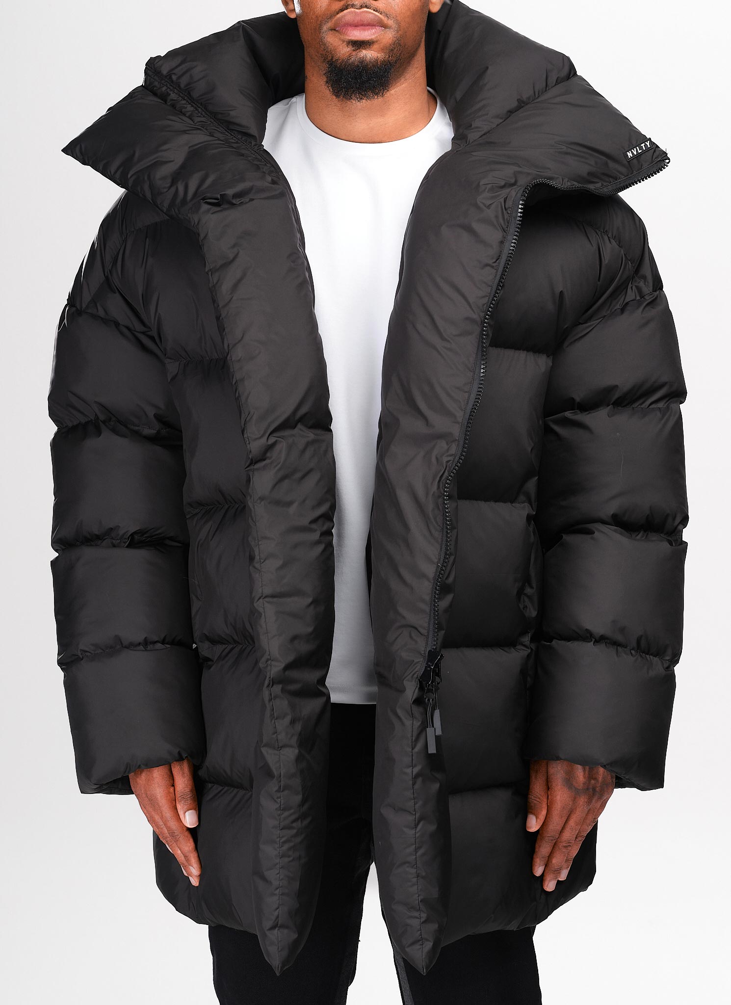 Vintage Long Shawl Collar Puffer Jacket - Black