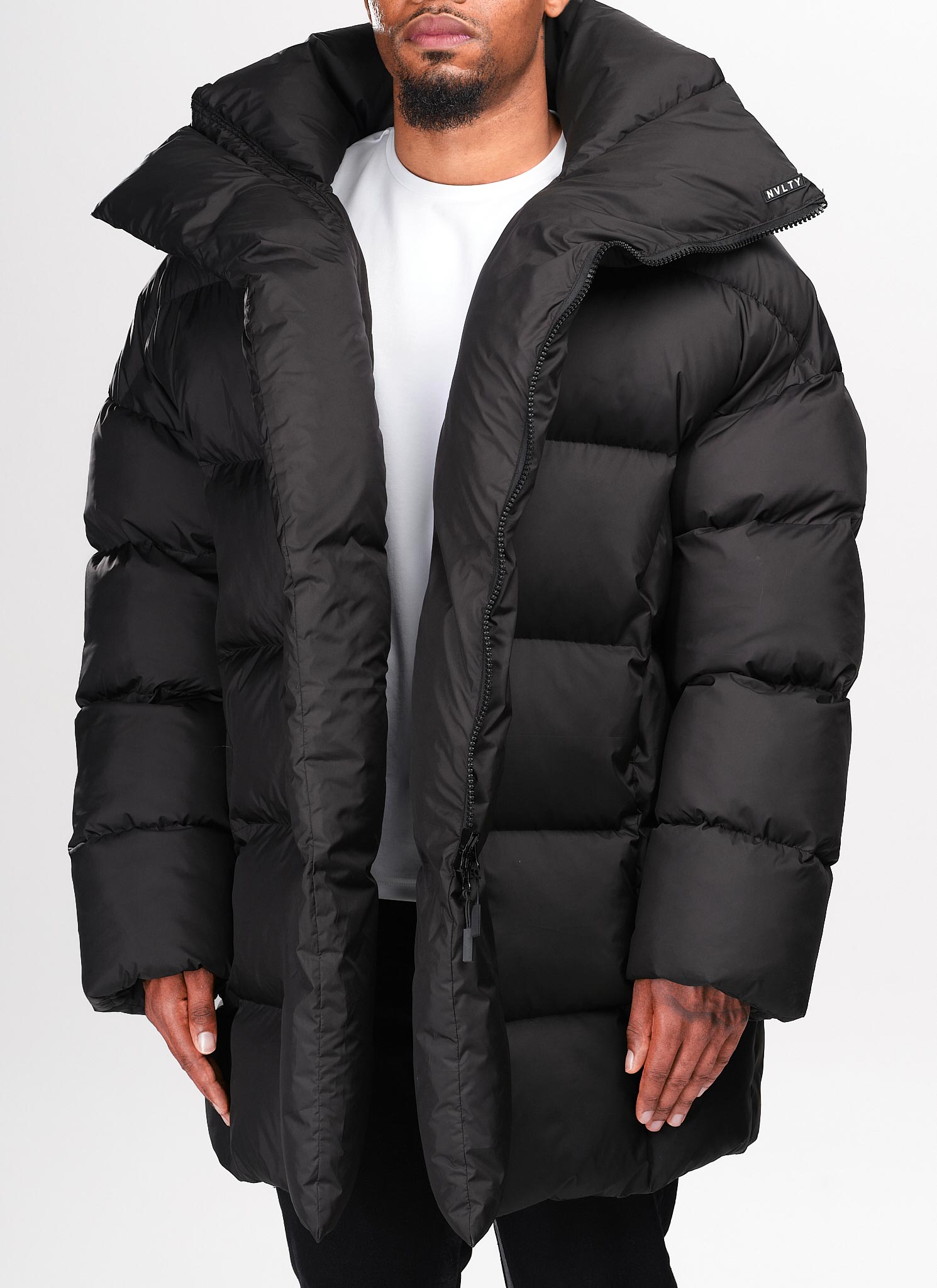 Vintage Long Shawl Collar Puffer Jacket - Black