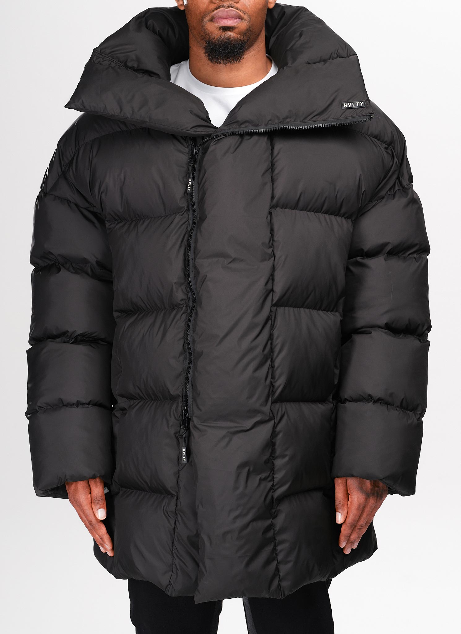 Vintage Long Shawl Collar Puffer Jacket - Black