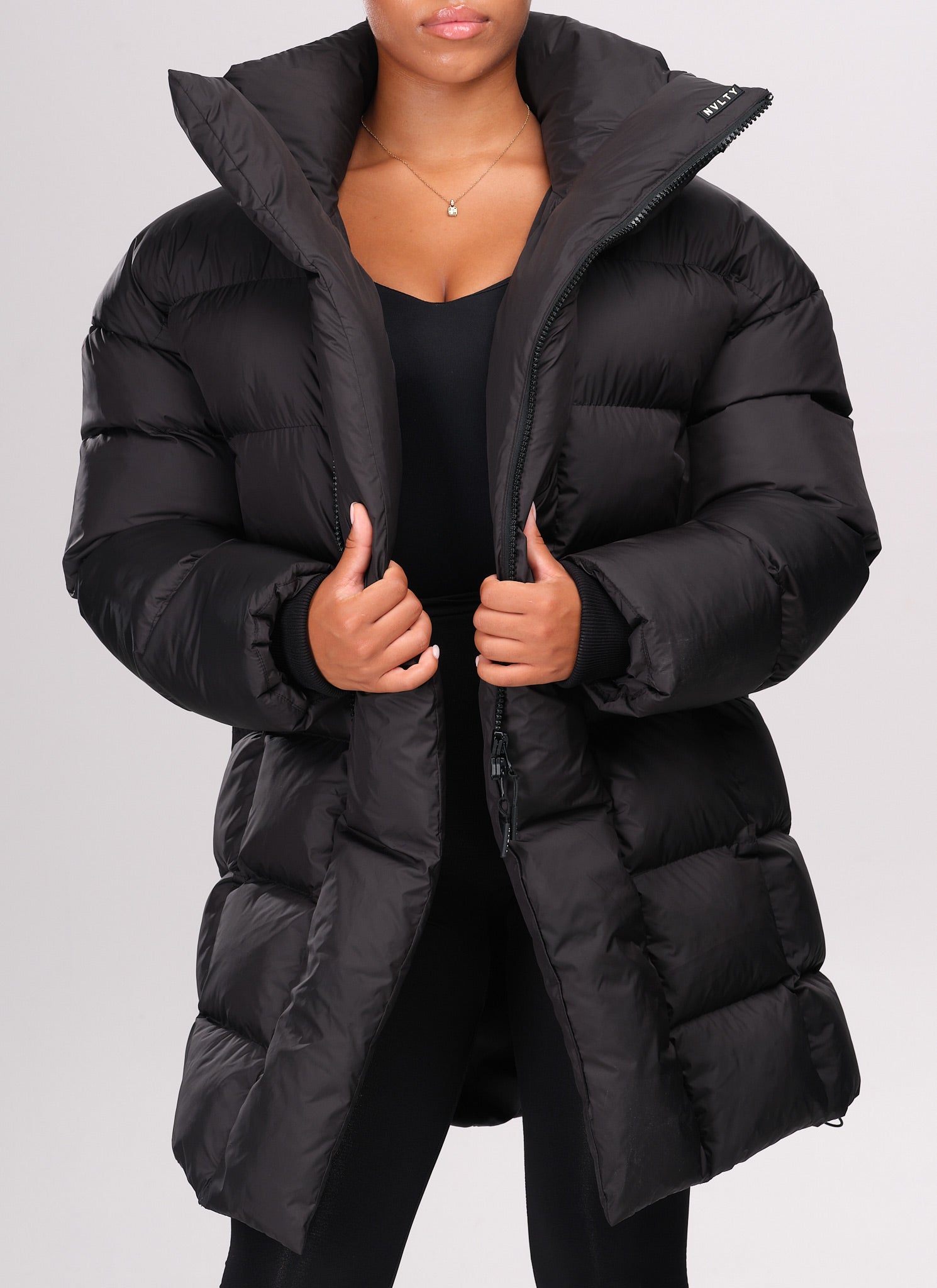 Vintage Long Shawl Collar Puffer Jacket - Black