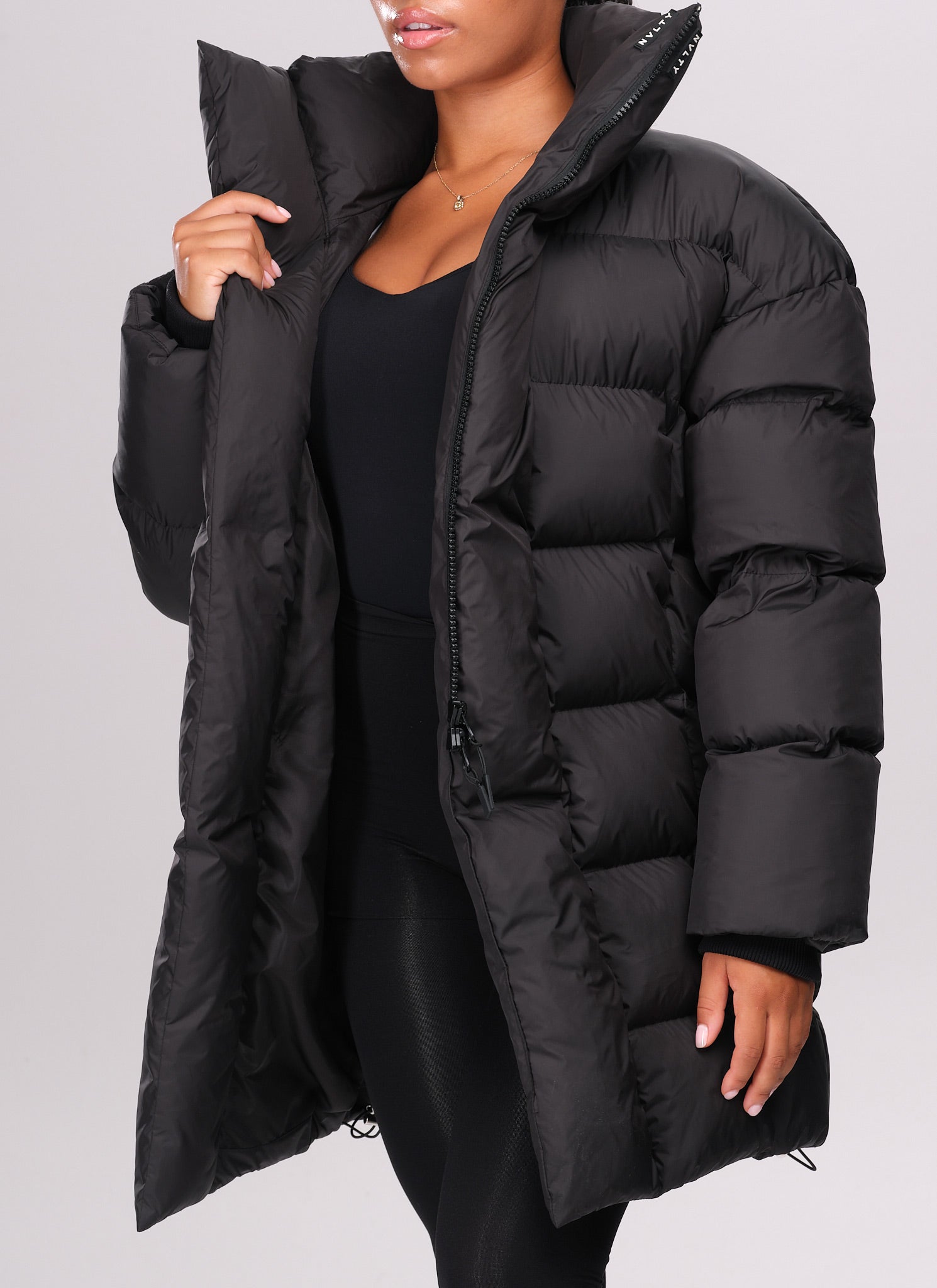 Vintage Long Shawl Collar Puffer Jacket - Black