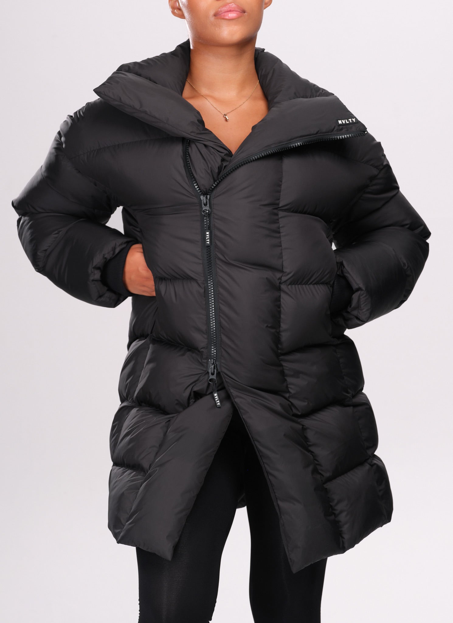 Vintage Long Shawl Collar Puffer Jacket - Black