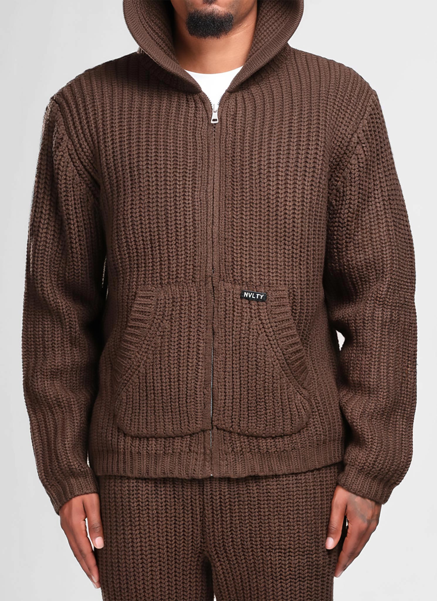 Heavyweight Knitted Zip Hoodie - Brown