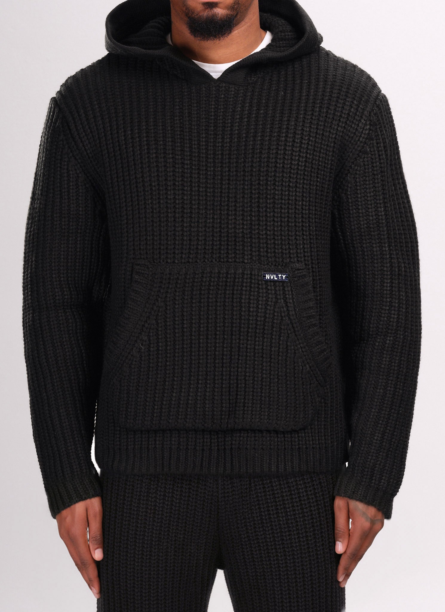 Schwerer Strick-Hoodie - Schwarz