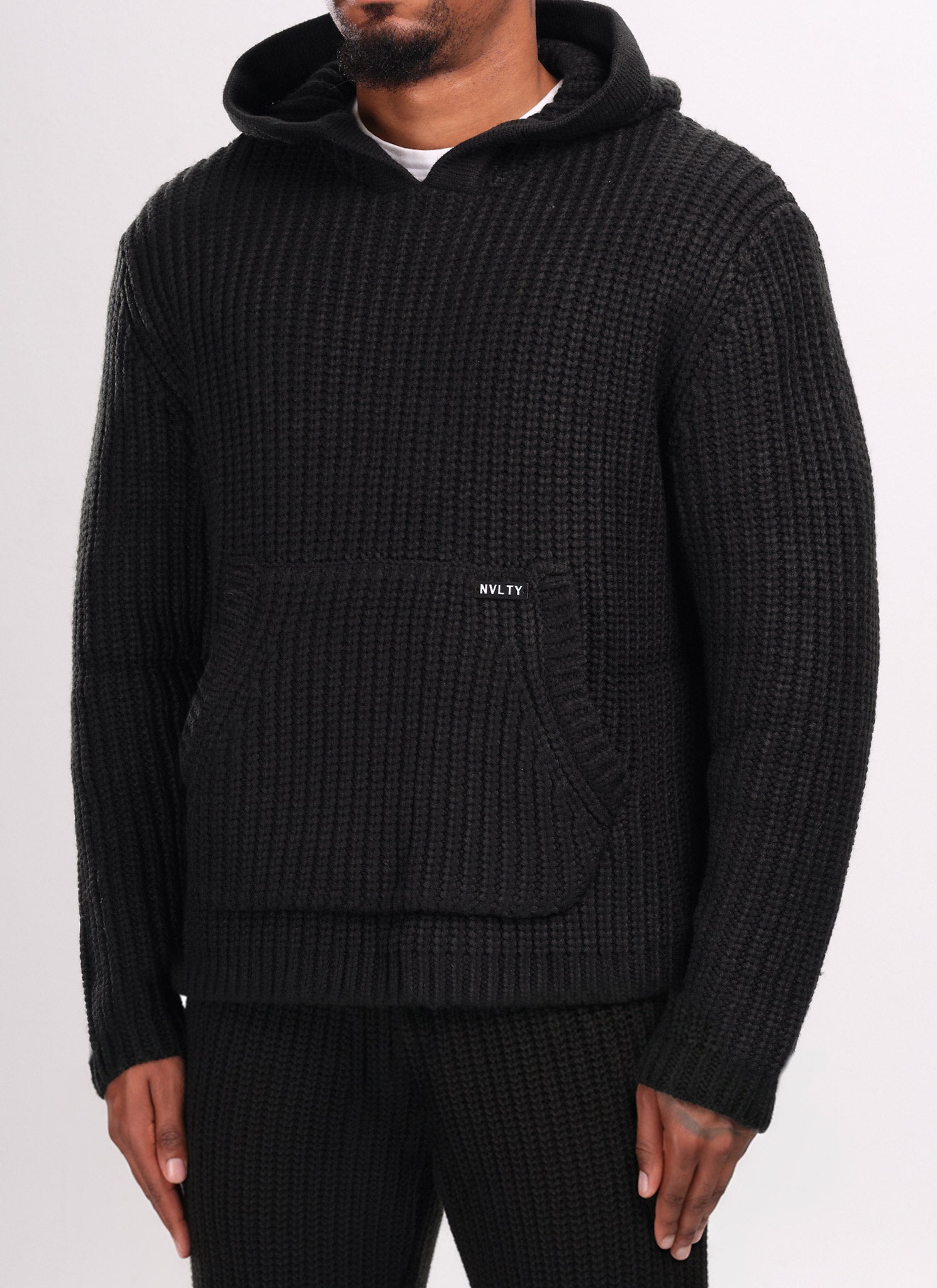 Schwerer Strick-Hoodie - Schwarz