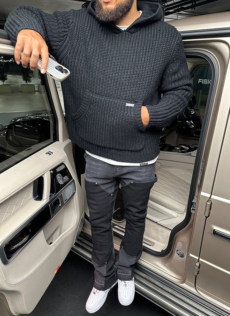 Schwerer Strick-Hoodie - Schwarz