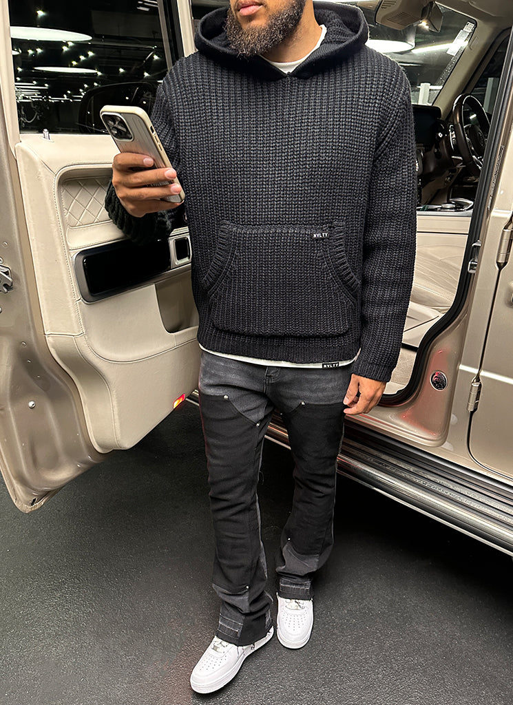 Schwerer Strick-Hoodie - Schwarz