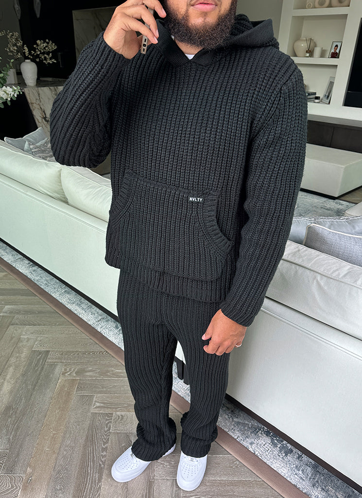 Schwerer Strick-Hoodie - Schwarz