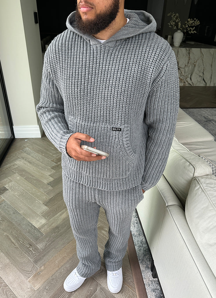 Schwerer Strick-Hoodie - Grau