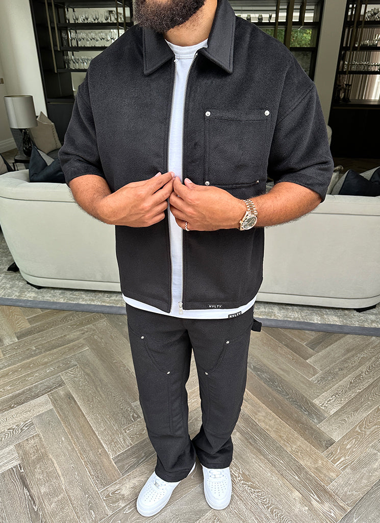 Schweres Wollhemd mit Nieten - Schwarz