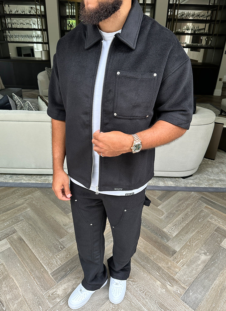 Schweres Wollhemd mit Nieten - Schwarz