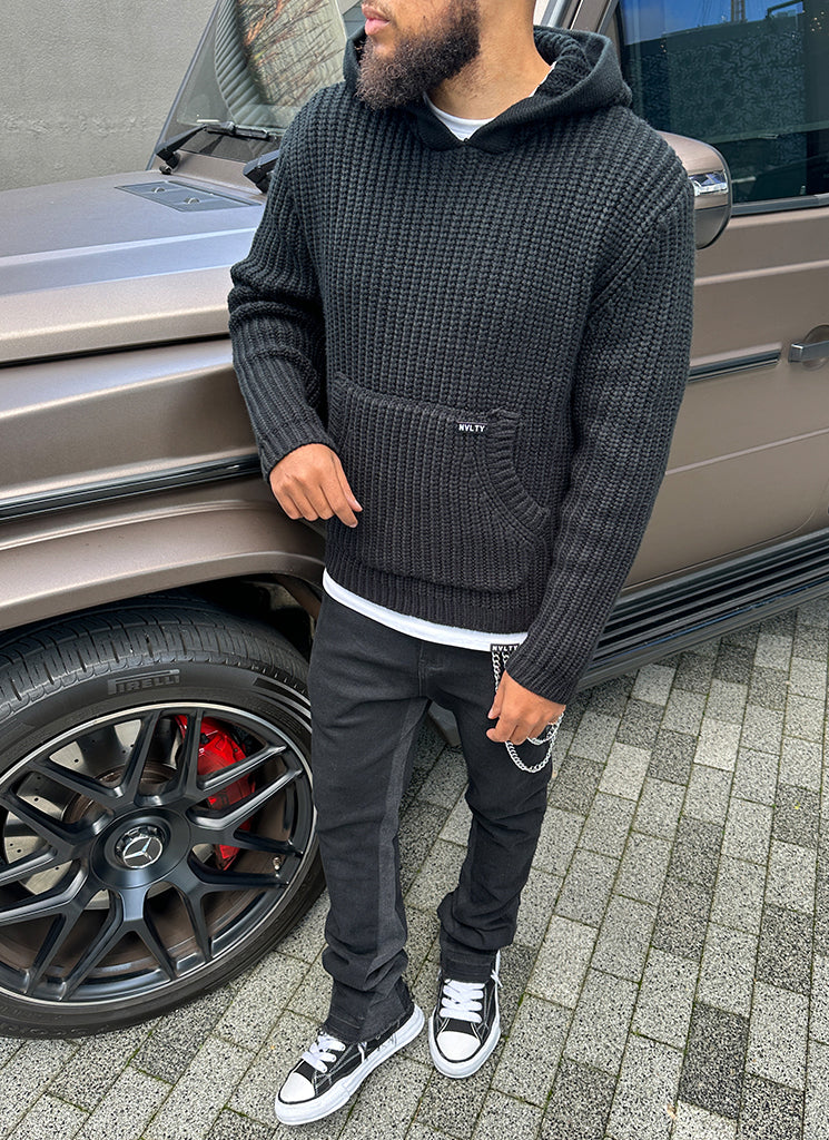 Schwerer Strick-Hoodie - Schwarz