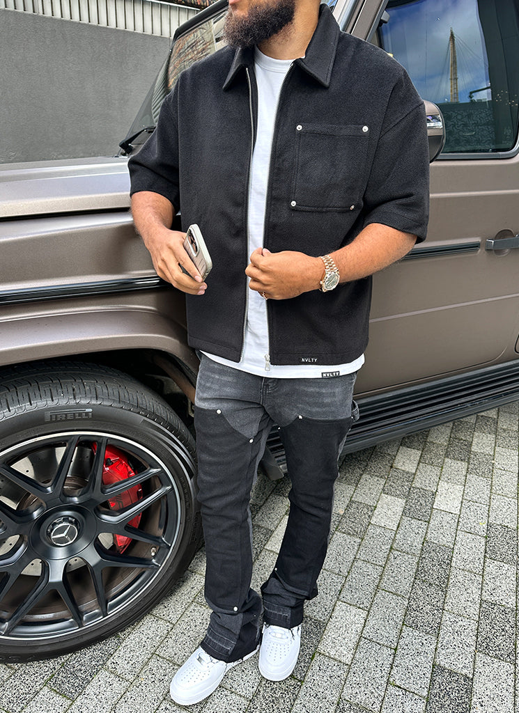 Schweres Wollhemd mit Nieten - Schwarz