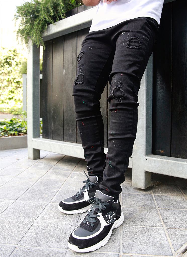 Patchwork-Lackjeans – Schwarz