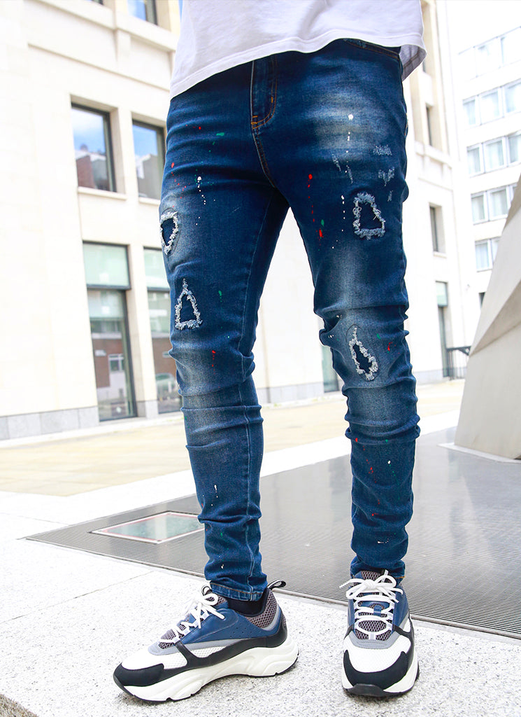 Patchwork-Paint-Jeans – Dunkelblau