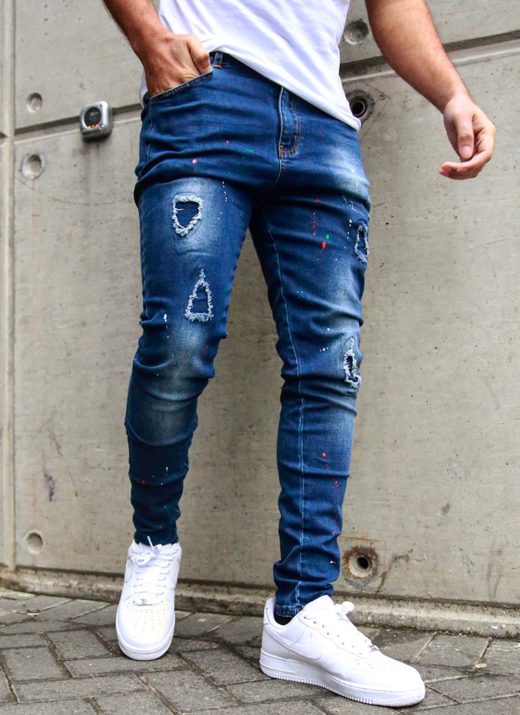 Patchwork-Paint-Jeans – Dunkelblau