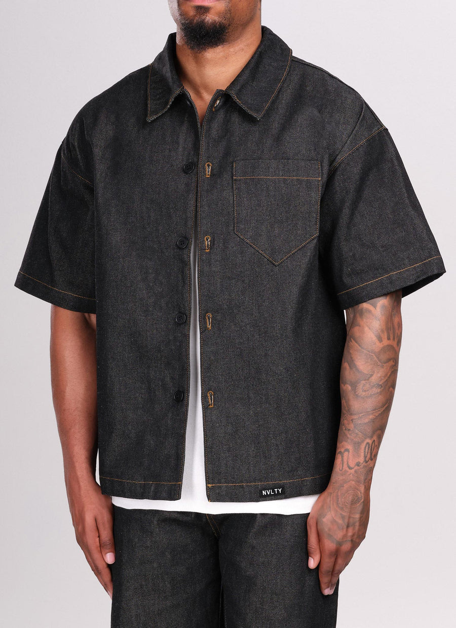 Strukturiertes Selvedge-Jeanshemd - Schwarz