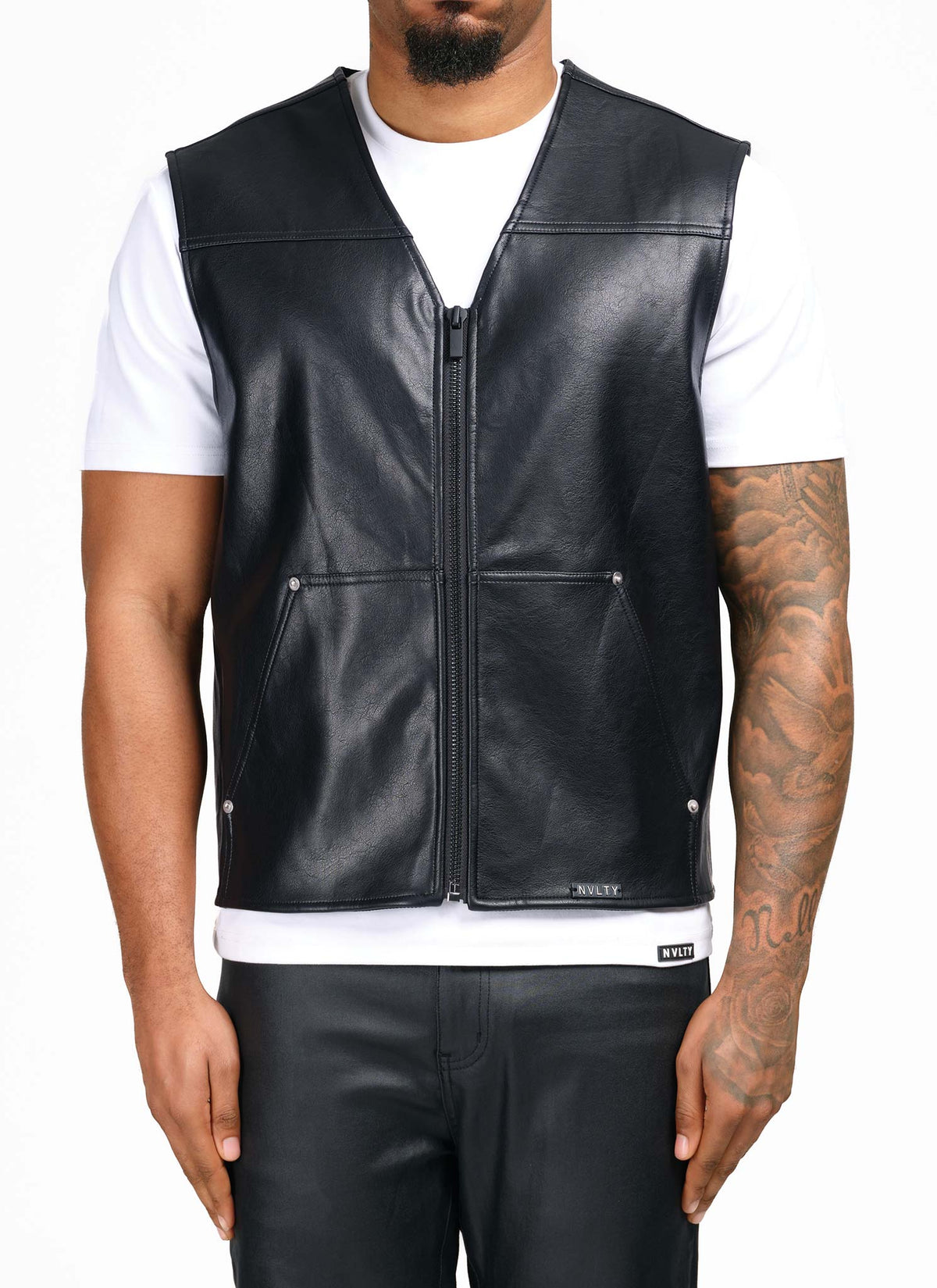 Leather Carpenter Rivet Vest - Black