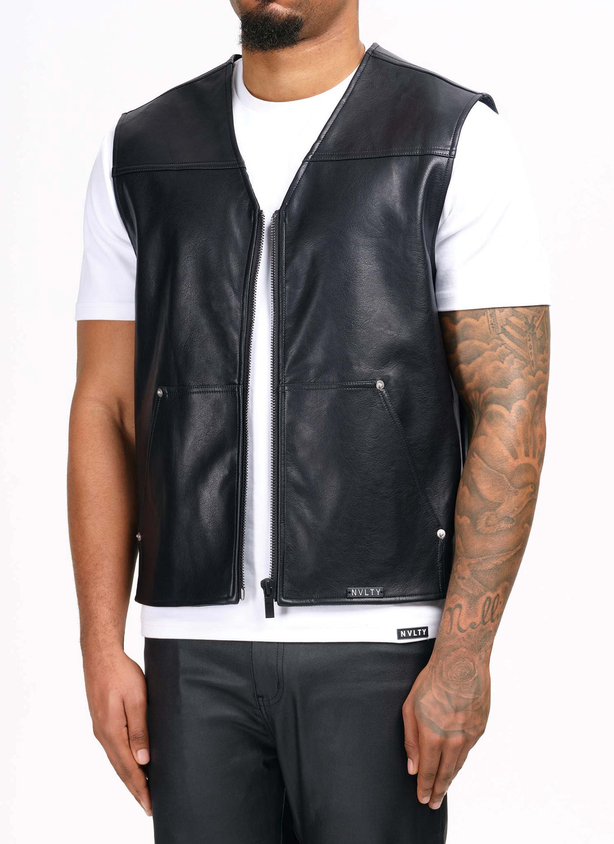 Leather Carpenter Rivet Vest - Black