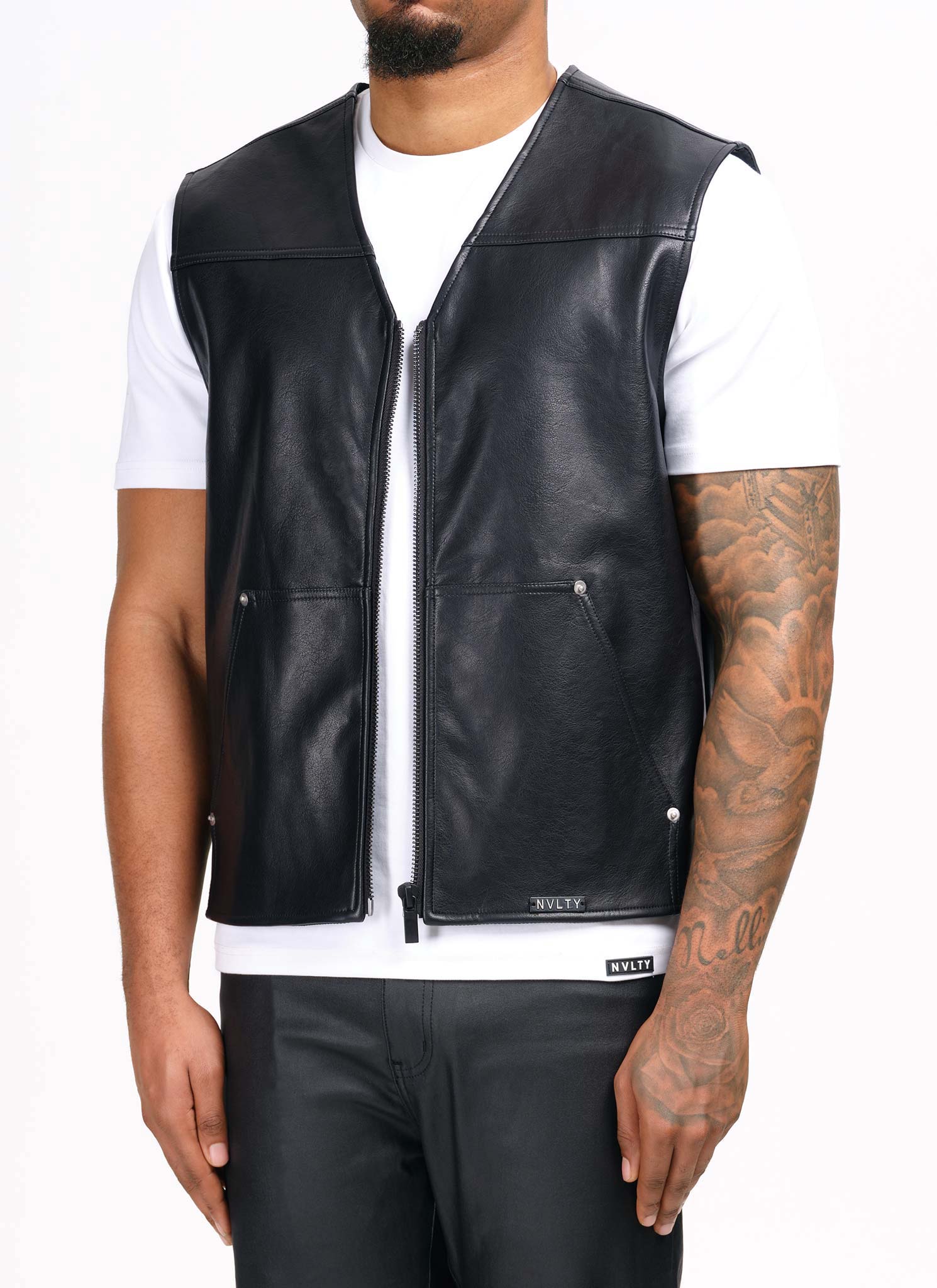 Leather Carpenter Rivet Vest - Black