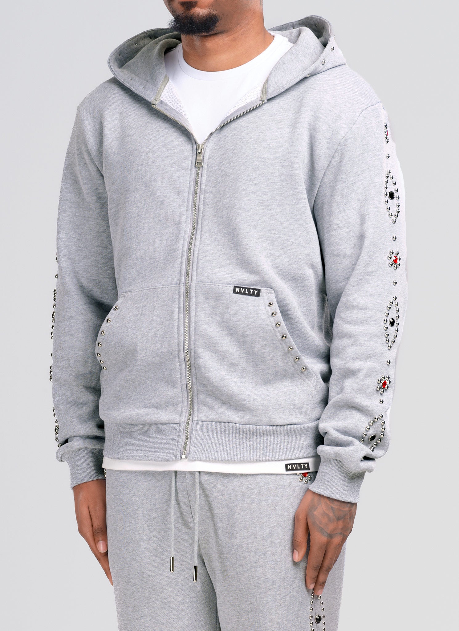 Vintage Studded Zip Hoodie - Grey