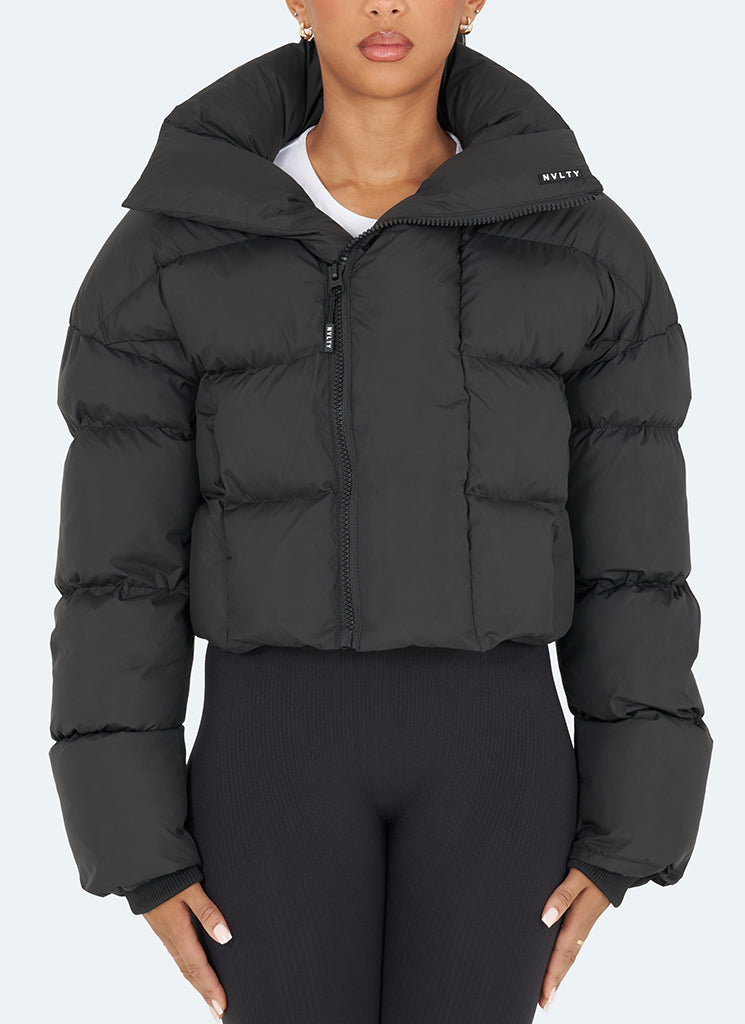 Vintage Pufferjacke mit Schalkragen - Schwarz