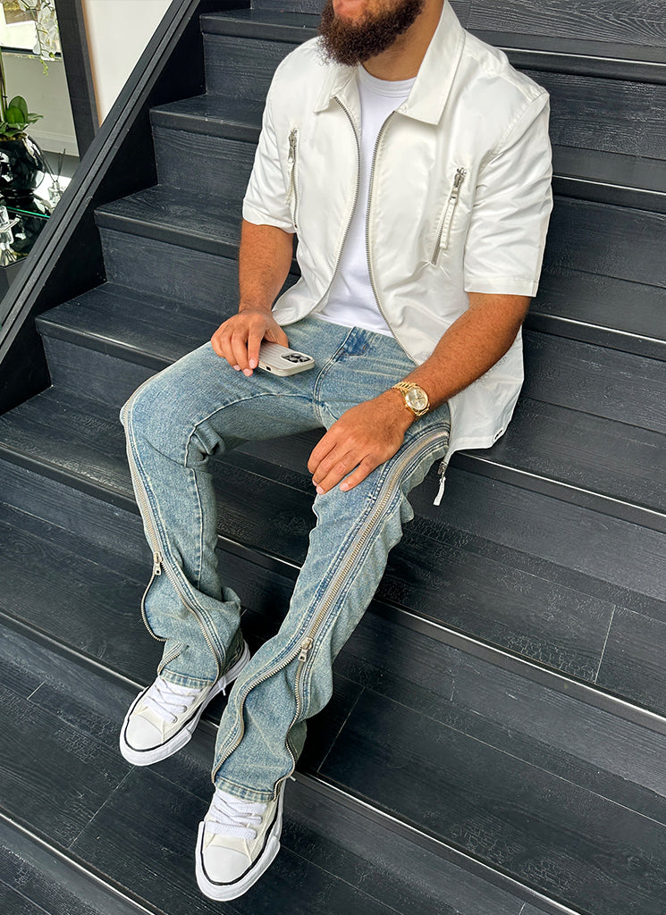 Vintage Flare Zipper Jeans - Blau