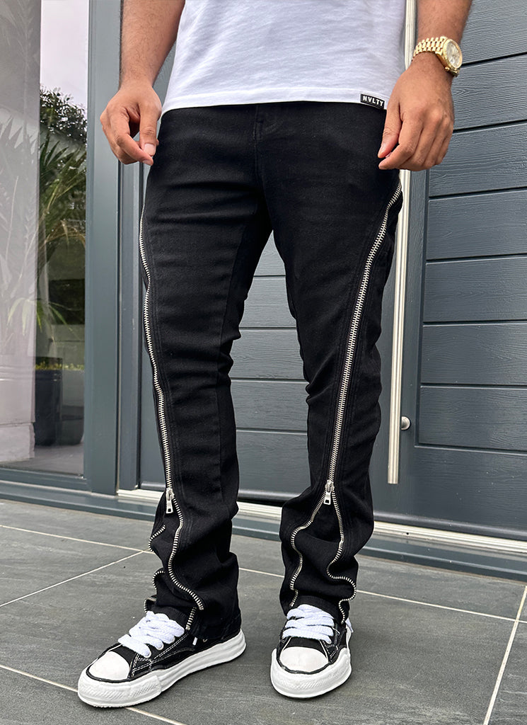 Vintage Flare Zipper Jeans - Schwarz