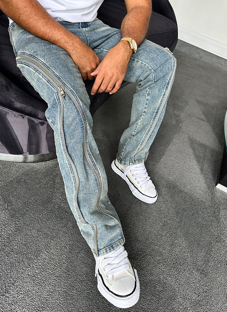 Vintage Flare Zipper Jeans - Blau