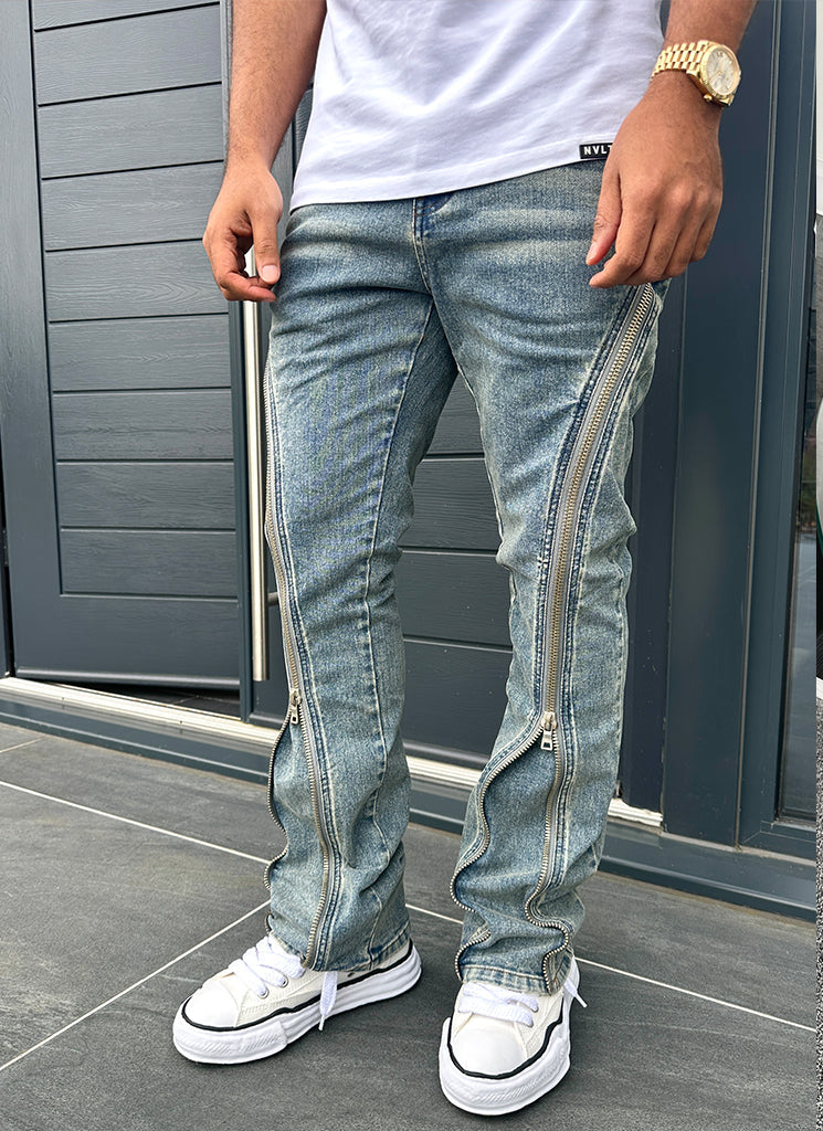 Vintage Flare Zipper Jeans - Blau