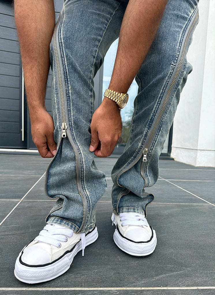 Vintage Flare Zipper Jeans - Blau