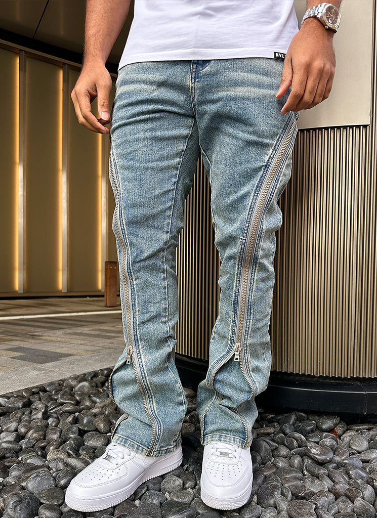 Vintage Flare Zipper Jeans - Blau