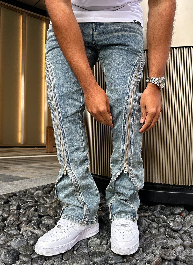 Vintage Flare Zipper Jeans - Blau