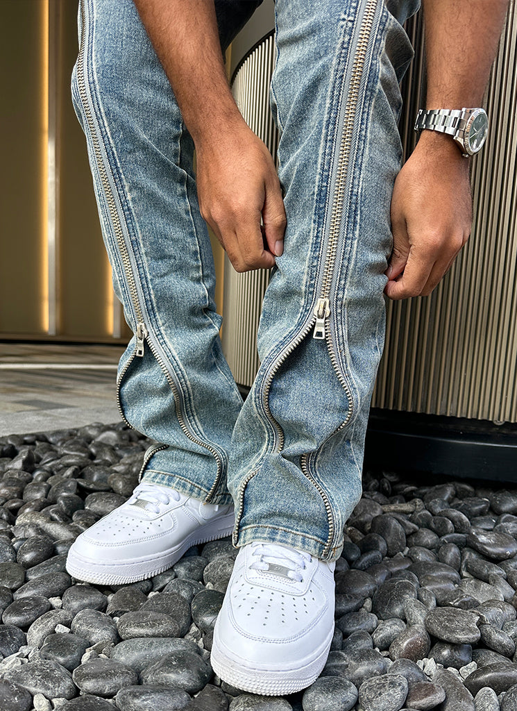 Vintage Flare Zipper Jeans - Blau