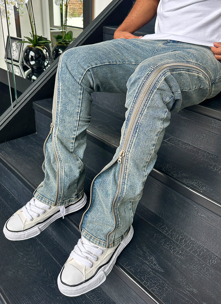 Vintage Flare Zipper Jeans - Blau