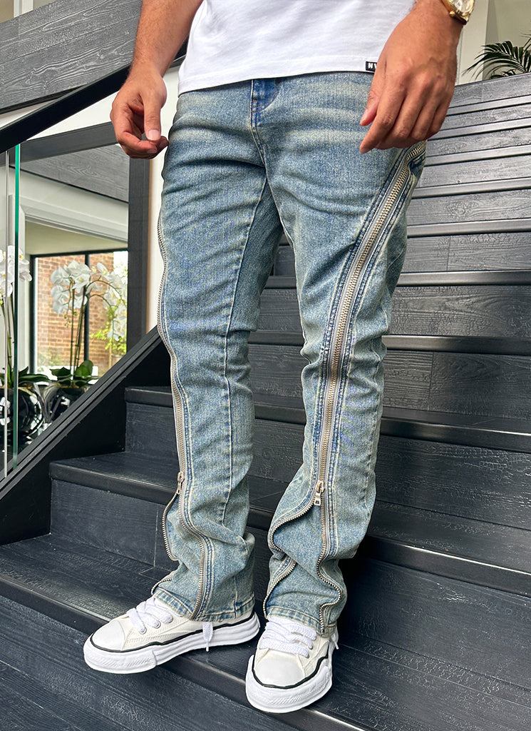 Vintage Flare Zipper Jeans - Blau