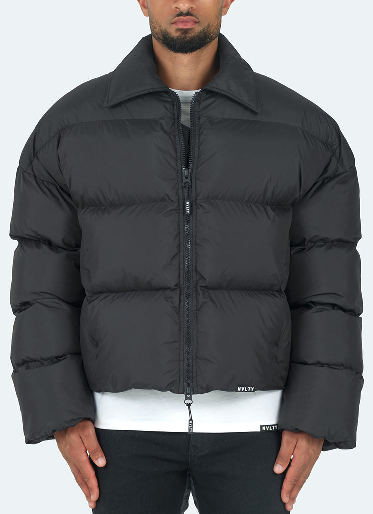 Vintage Pufferjacke mit Reißverschlusskragen - Schwarz