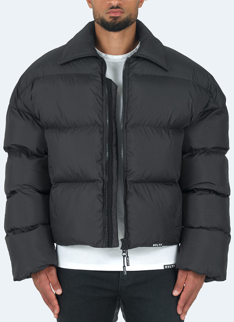 Vintage Pufferjacke mit Reißverschlusskragen - Schwarz
