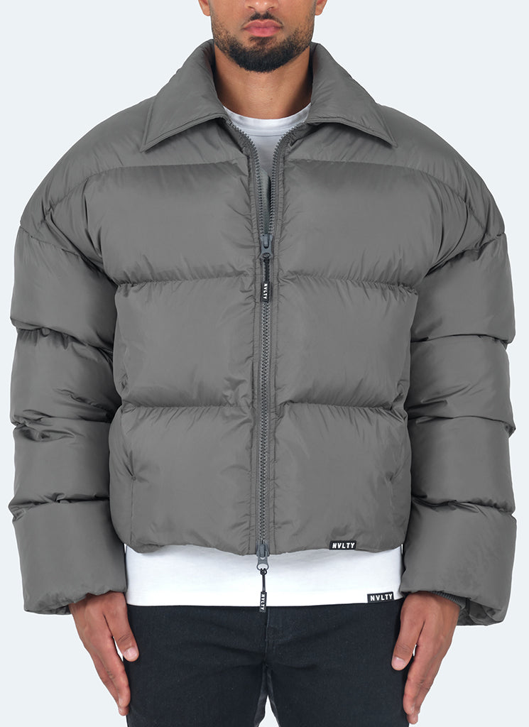 Vintage Pufferjacke mit Reißverschlusskragen - Grau