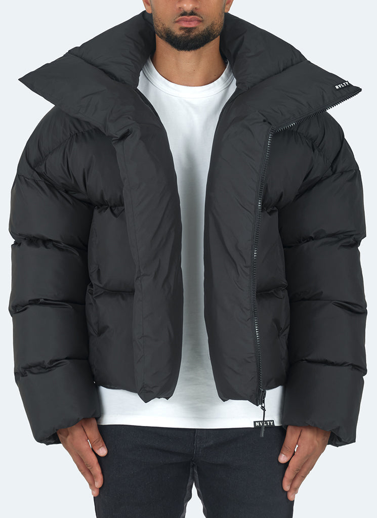 Vintage Shawl Collar Puffer Jacket - Black