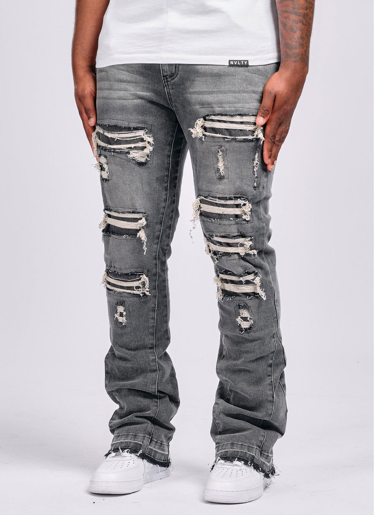 Vintage Flare Ripped & Repaired Jeans - Grey