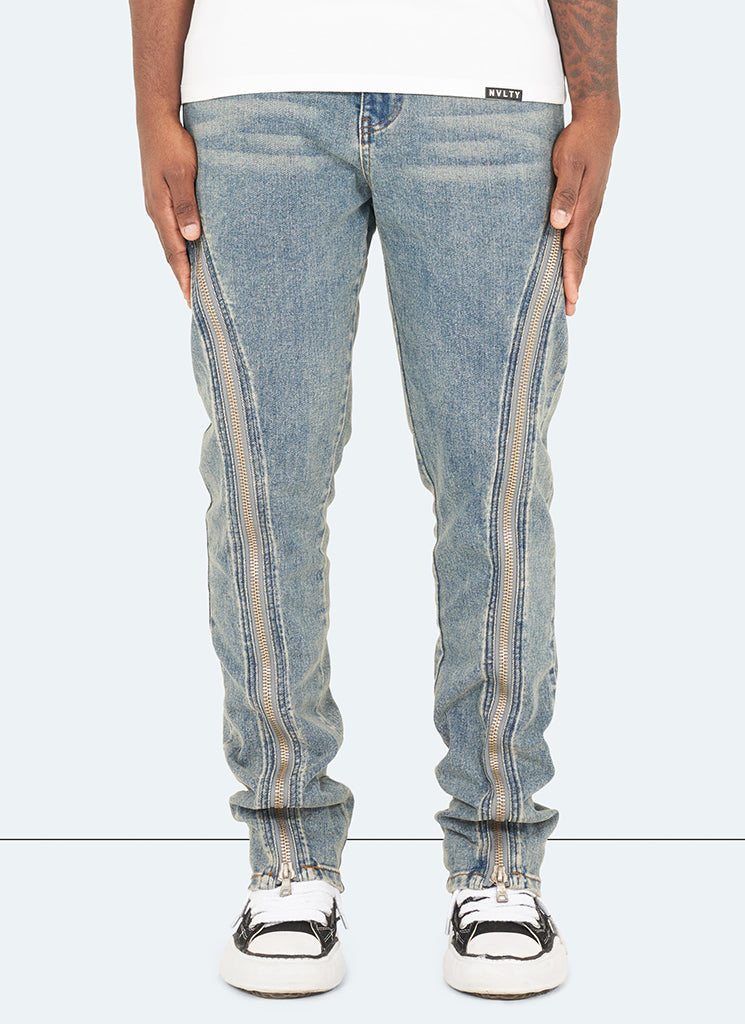 Vintage Flare Zipper Jeans - Blau