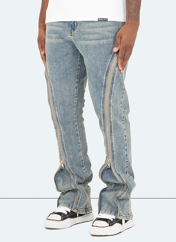 Vintage Flare Zipper Jeans - Blau