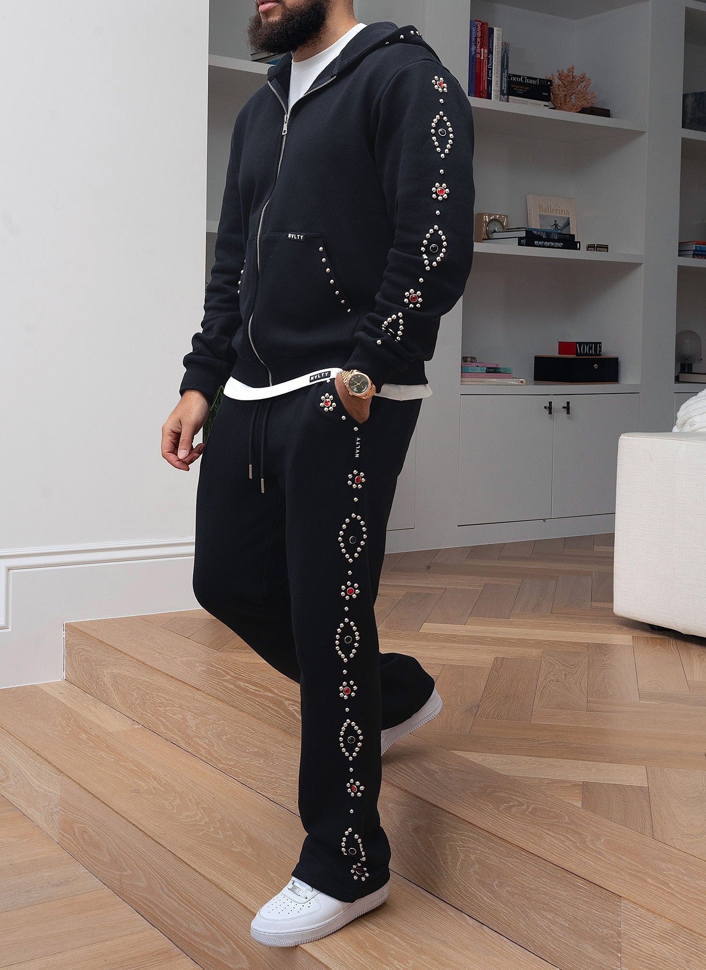 Vintage Studded Zip Hoodie - Black