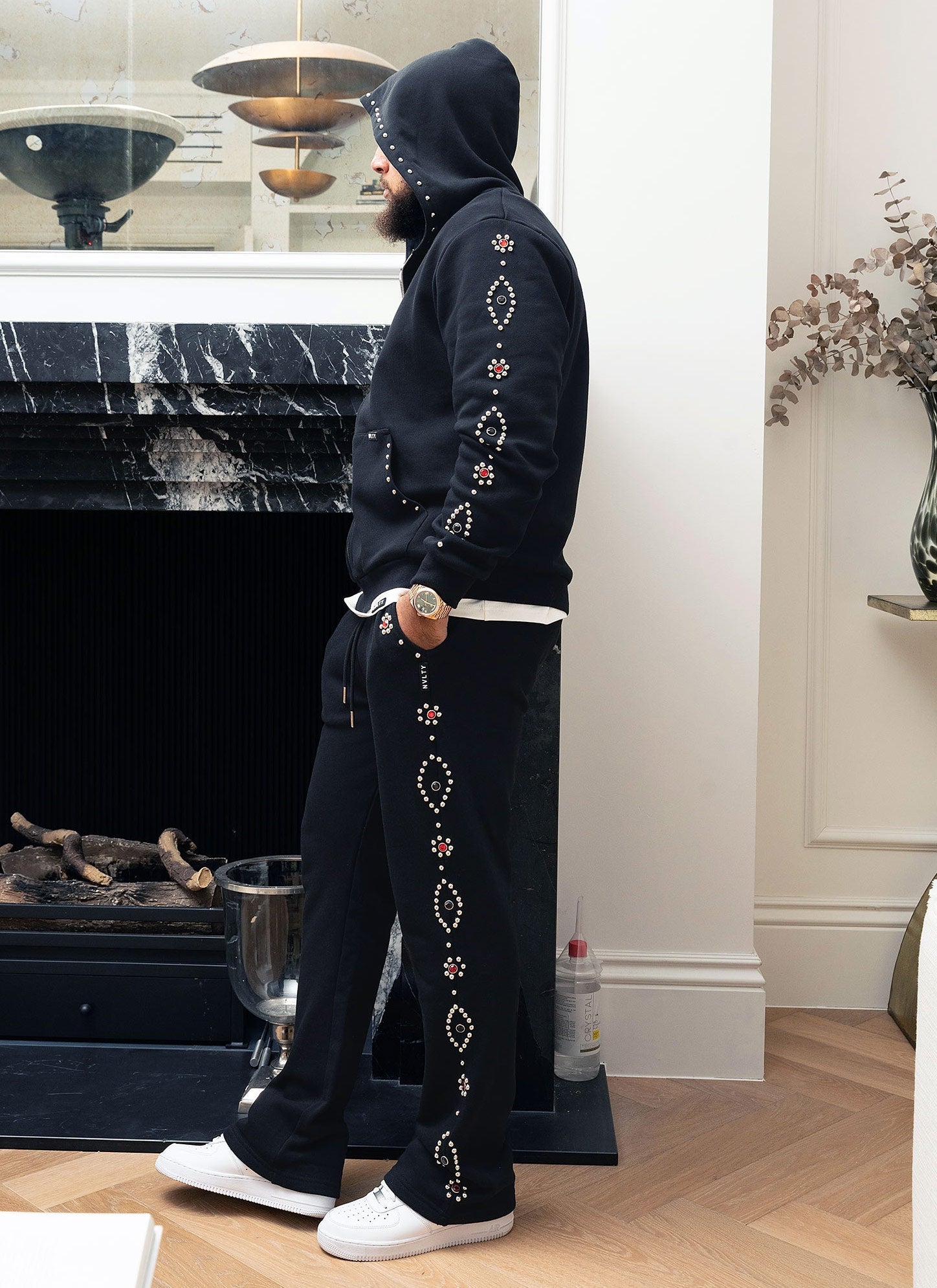 Vintage Studded Zip Hoodie - Black