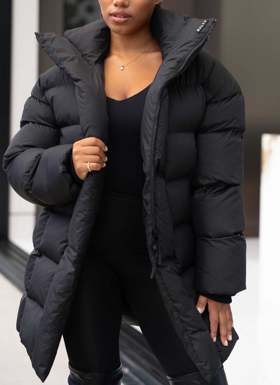 Vintage Long Shawl Collar Puffer Jacket - Black