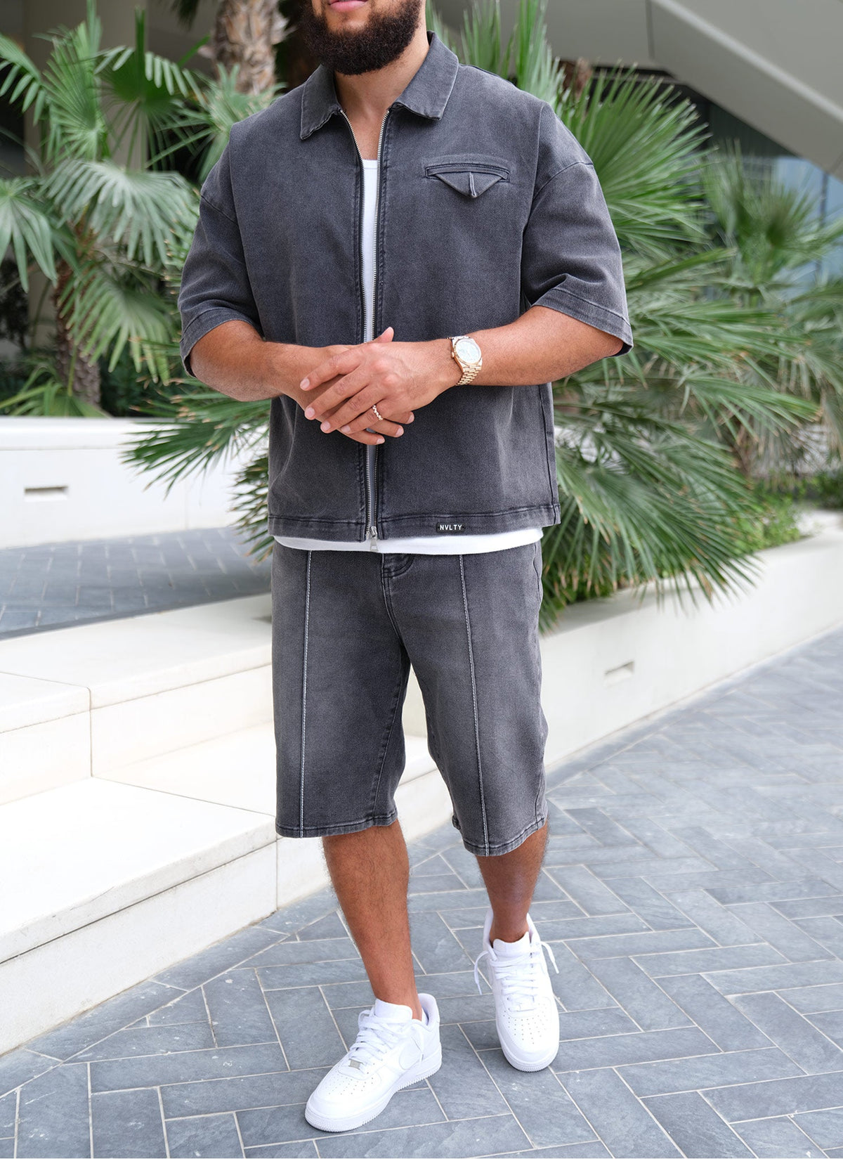 Vintage Pleat Denim Shorts - Grey